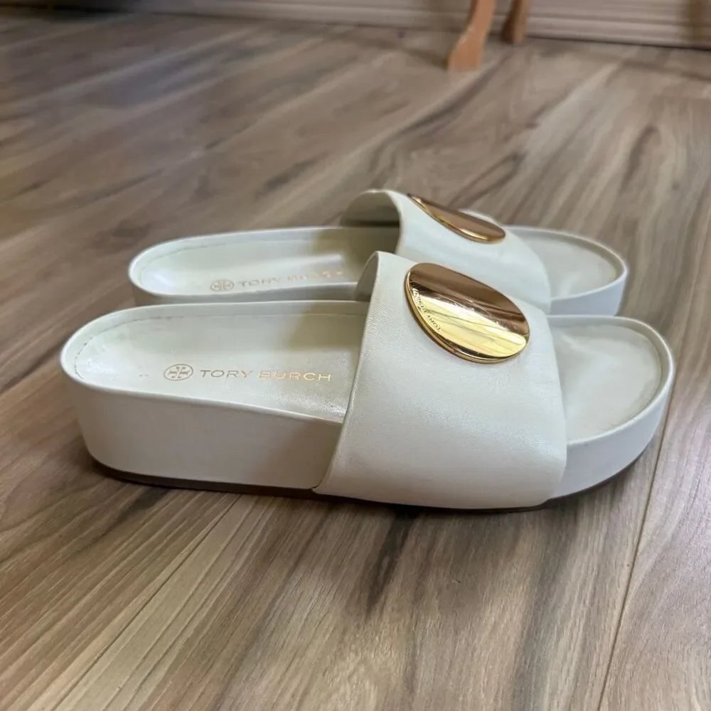 Tory Burch Patos Chunky White Napa Leather Gold Slides Size 9 1/2